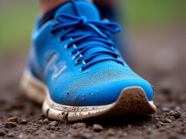Before: Heavily soiled and muddy blue athletic running shoes.