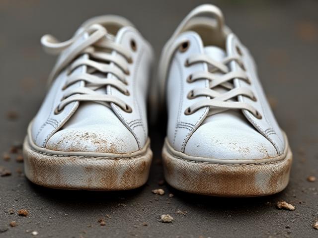 Before: Dirty and scuffed white sneakers with mud stains.