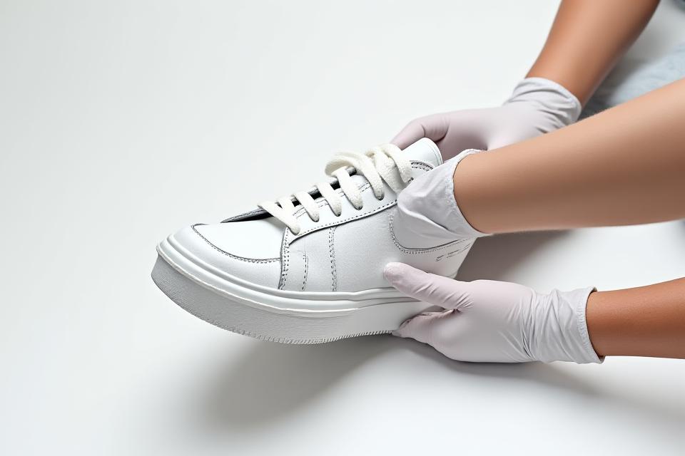 Close-up of hands wearing white gloves, carefully examining the sole of a sneaker on a clean white surface, for initial consultation and assessment.