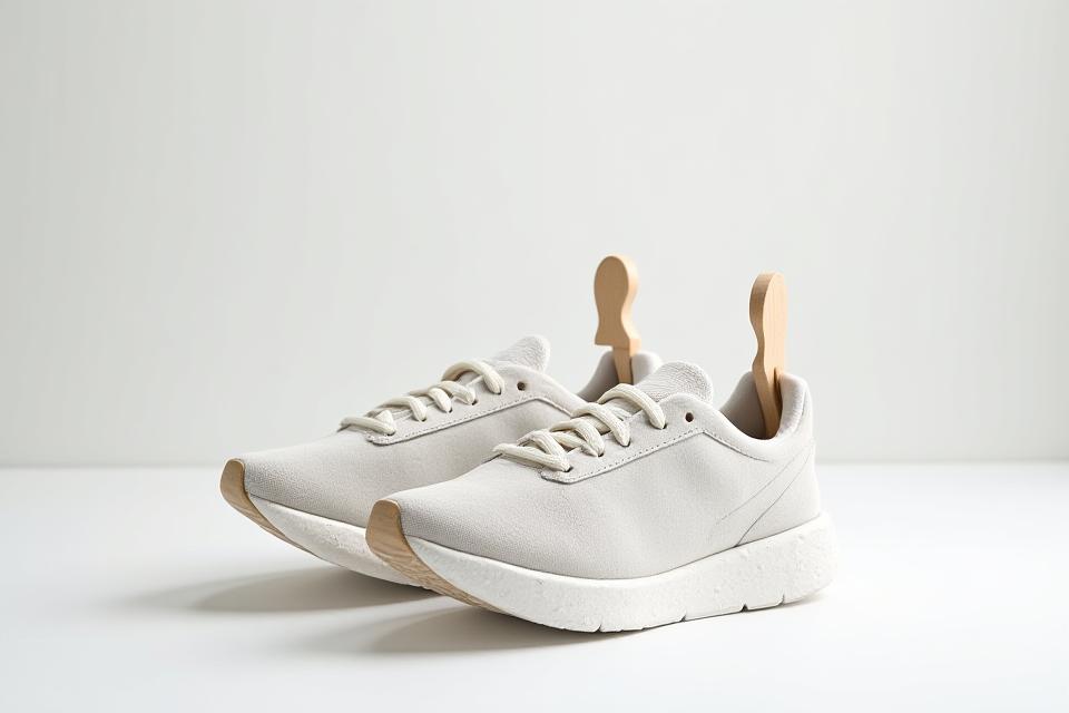 A pair of freshly cleaned sneakers resting on a pristine shoe tree in a minimalist white drying area, representing the drying and finishing process.