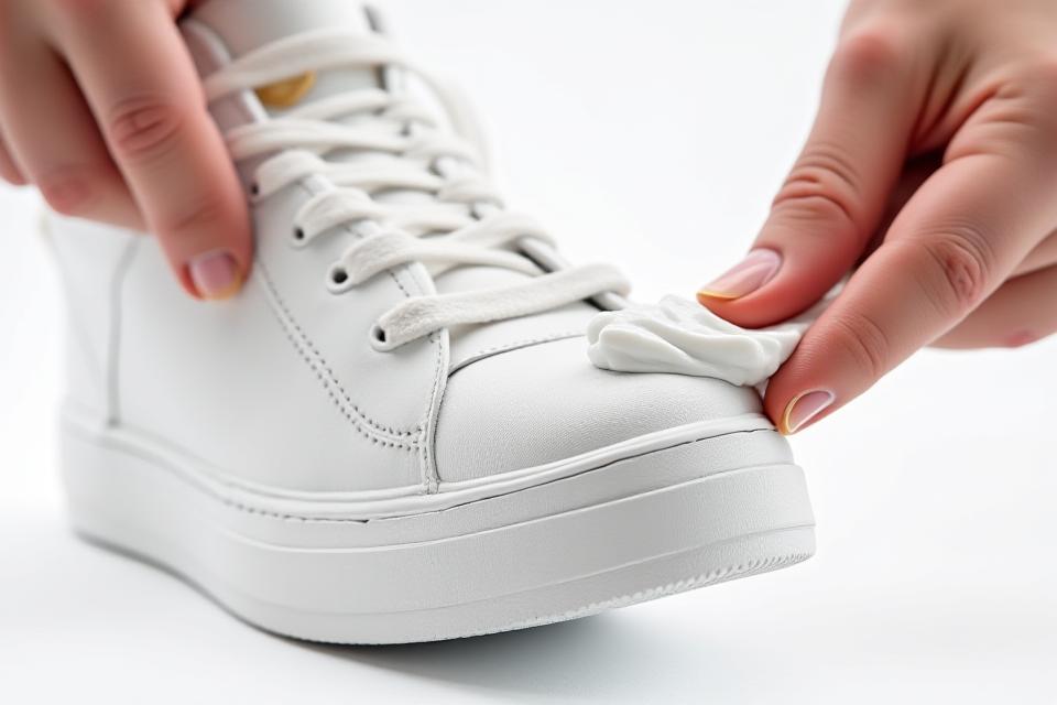 Detailed close-up of hands with soft bristles brush and rich foam cleaning the white midsole of a sneaker on a white background, demonstrating meticulous hand-cleaning.