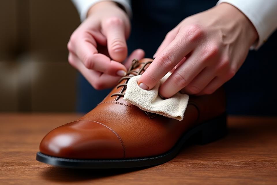 Close-up of hands applying a conditioning cream to a leather shoe with a soft cloth, highlighting the nourish and condition step.