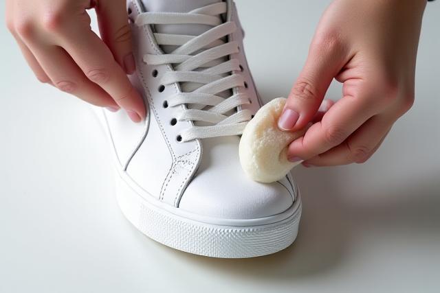 Hands cleaning white sneakers with foam and soft brush, detailed close-up.