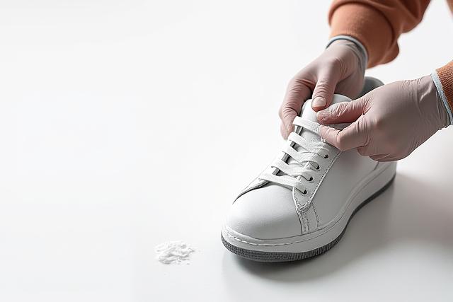 Luxury minimalist advertisement for Tech Wileris Shoe Cleaning. White sneakers being cleaned with foam and brush.