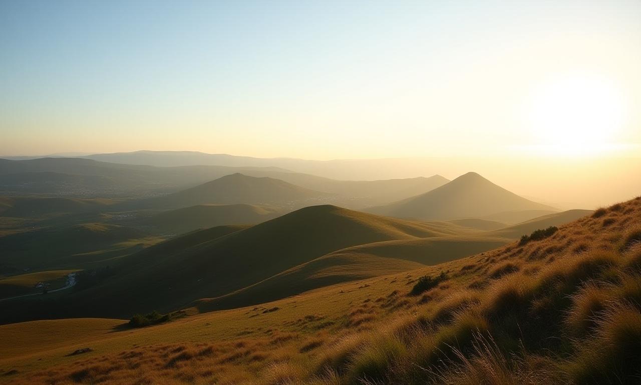 Vue panoramique des volcans d'Auvergne au lever du soleil.