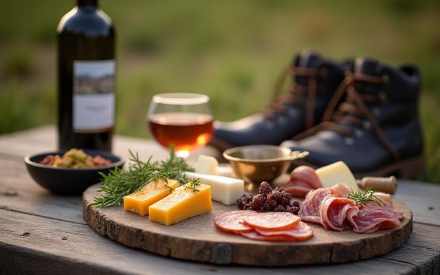 Table dressée avec nourriture locale auvergnate après une randonnée