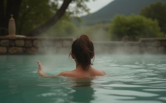 Personne se relaxant dans un spa géothermique avec vue sur la nature