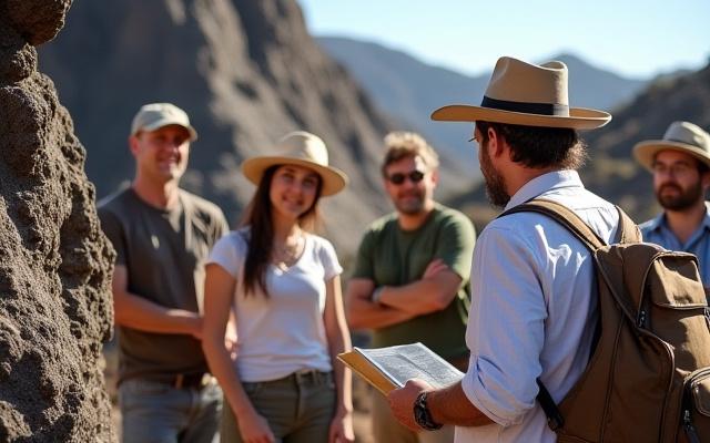 Groupe écoutant un géologue devant une formation rocheuse volcanique