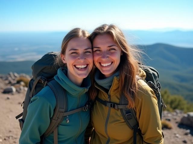Couple souriant de randonneurs au sommet d'un volcan