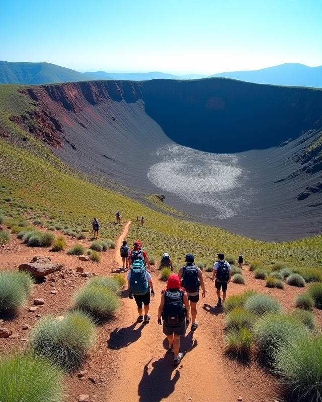 Groupe de randonneurs sur un sentier volcanique face à un cratère